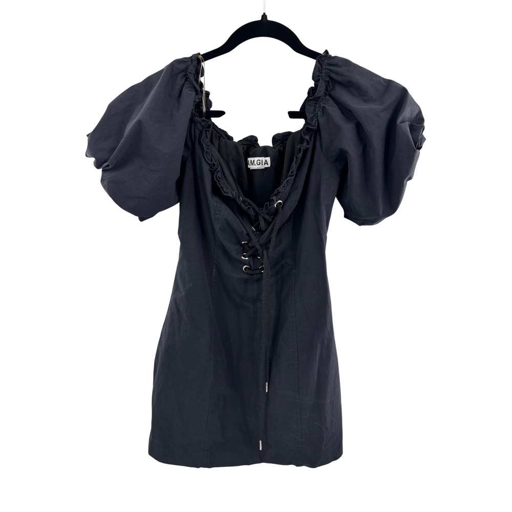 I AM GIA Black Puff Sleeve Lace Up Mini Dress Size M